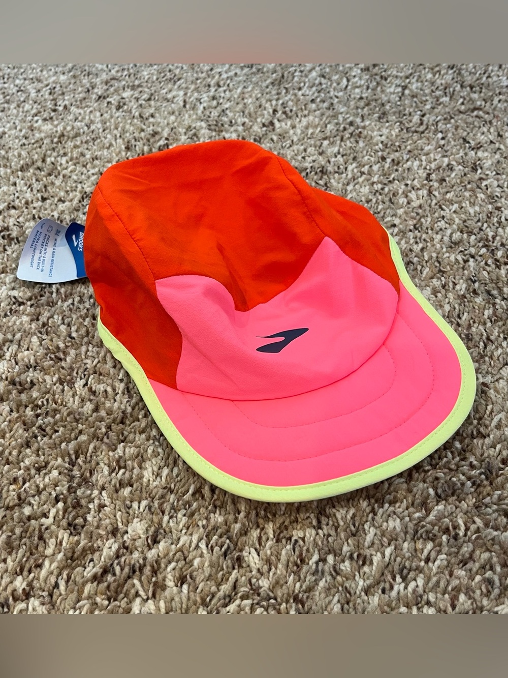 Brooks 5 Panel Hat Neon Colorblock Run Light Packable Pocket Gym Pickleball
